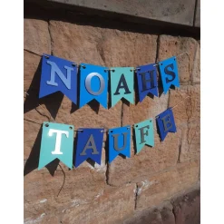 Personalisierte Girlande zur Taufe, Blau, Türkis und Silber, Wimpelkette Taufe mit Wunschnamen
