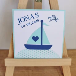Personalisierte Glückwunschkarte Segelschiff zur Taufe – Handgefertigt, individuell wählbar, 12,5 x 12,5 cm