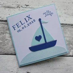 Personalisierte Glückwunschkarte Segelschiff zur Taufe – Handgefertigt, individuell wählbar, 12,5 x 12,5 cm
