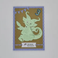 Personalisierte Glückwunschkarte Kindergeburtstag mit süßem Drachen – Handgemacht in 2 verschieden Farbvarianten