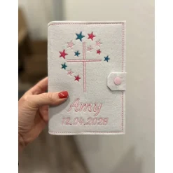 Personalisierte  Gotteslobhülle aus Filz mit Sternchen und Kreuz – hochwertig bestickt – wähle dein Design