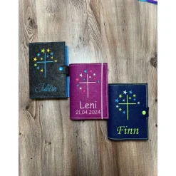 Personalisierte  Gotteslobhülle aus Filz mit Sternchen und Kreuz – hochwertig bestickt – wähle dein Design
