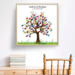Personalisierte Hochzeit Fingerabdruck Leinwand – Gästebuch Baum 50x50 cm – Traumhaftes Geschenk zur Trauung
