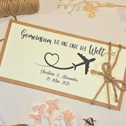 Personalisierte Hochzeitskarte Reise – Geldgeschenk & Gutschein Verpackung, minimalistisch, Kraftkarton