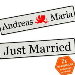 Personalisierte Hochzeitskennzeichen mit Namen – 2 Stück, Deko fürs Hochzeitsauto, Wunschtext