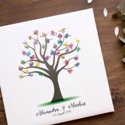 Personalisierte Hochzeitsleinwand Gästebuch – Fingerabdruck Baum mit Namen – Besondere Hochzeitsdeko & Geschenk 50x50 cm