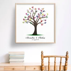 Personalisierte Hochzeitsleinwand Gästebuch – Fingerabdruck Baum mit Namen – Besondere Hochzeitsdeko & Geschenk 50x50 cm