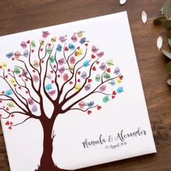 Personalisierte Hochzeitsgästebuch Leinwand 50x50 cm – Wedding Tree Fingerabdruck mit Herzen & Namen als Geschenk