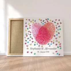 Personalisierte Hochzeitsgästebuch Leinwand – Wedding Tree Fingerabdruck mit Herzen & Namen – Geschenk Brautpaar 50x50 c