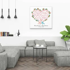Personalisierte Hochzeitsgästebuch Leinwand – Wedding Tree Fingerabdruck mit Herzen & Namen – Geschenk Brautpaar 50x50 c