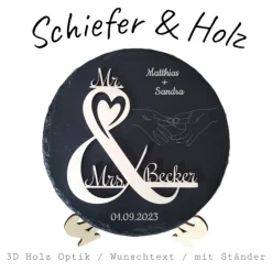 Personalisierte Schiefertafel mit 3D-Holzgravur – Perfekt als Geschenk für Hochzeit, Verlobung, Hochzeitstag