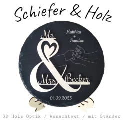 Personalisierte Schiefertafel mit 3D-Holzgravur – Perfekt als Geschenk für Hochzeit, Verlobung, Hochzeitstag