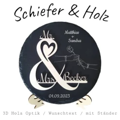 Personalisierte Schiefertafel mit 3D-Holzgravur – Perfekt als Geschenk für Hochzeit, Verlobung, Hochzeitstag