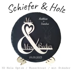 Personalisierte Schiefertafel mit 3D-Holzgravur – Perfekt als Geschenk für Hochzeit, Verlobung, Hochzeitstag