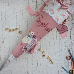 Personalisierte Schultüte Einhorn aus Stoff – Handgemacht mit Namen & Wunschfarben, 70 cm