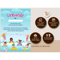 Personalisierte Schwimmunterricht-Urkunde | Seepferdchen Abzeichen | Geburtstag im Schwimmbad Vorlage