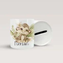 Personalisierte Spardose *Safari Tiere - Affe* aus Keramik mit Name / Geschenk für Kinder zur Einschulung
