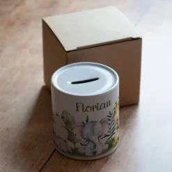 Personalisierte Spardose *Dschungeltiere* aus Keramik mit Name für Kinder / Geschenk für Einschulung, Geburt und Taufe