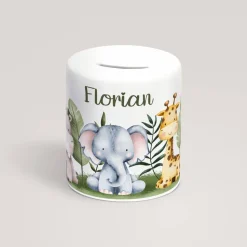 Personalisierte Spardose *Dschungeltiere* aus Keramik mit Name für Kinder / Geschenk für Einschulung, Geburt und Taufe