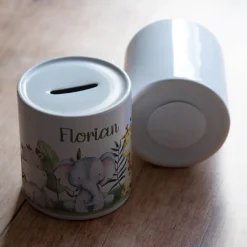 Personalisierte Spardose *Dschungeltiere* aus Keramik mit Name für Kinder / Geschenk für Einschulung, Geburt und Taufe
