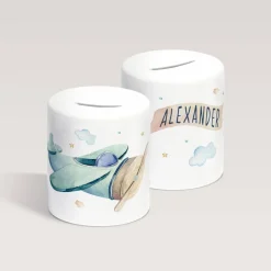 Personalisierte Spardose *Flugzeug* aus Keramik mit Name für Kinder / Geschenk zur Einschulung, Geburt und Taufe