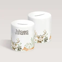 Personalisierte Spardose *Waldfreunde* aus Keramik mit Name für Kinder / Geschenk zur Einschulung, Geburt und Taufe