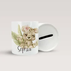 Personalisierte Spardose *Safari Tiere - Gepard* aus Keramik mit Name / Geschenk für Kinder zur Einschulung