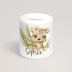 Personalisierte Spardose *Safari Tiere - Gepard* aus Keramik mit Name / Geschenk für Kinder zur Einschulung