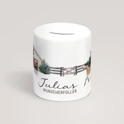 Personalisierte Spardose *Pferdehof* aus Keramik mit Name für Kinder / Geschenk für Einschulung, Geburt und Taufe