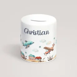 Personalisierte Spardose *Airplanes* aus Keramik mit Name für Kinder / Geschenk zur Einschulung, Geburt und Taufe