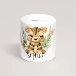 Personalisierte Spardose *Safari Tiere - Tiger* aus Keramik mit Name / Geschenk für Kinder zur Einschulung