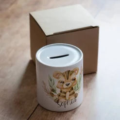 Personalisierte Spardose *Safari Tiere - Tiger* aus Keramik mit Name / Geschenk für Kinder zur Einschulung