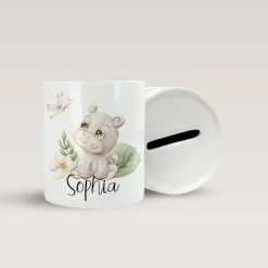 Personalisierte Spardose *Safari Tiere - Nilpferd* aus Keramik mit Name / Geschenk für Kinder zur Einschulung