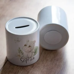 Personalisierte Spardose *Safari Tiere - Nilpferd* aus Keramik mit Name / Geschenk für Kinder zur Einschulung