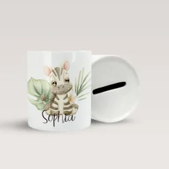 Personalisierte Spardose *Safari Tiere - Zebra* aus Keramik mit Name / Geschenk für Kinder zur Einschulung