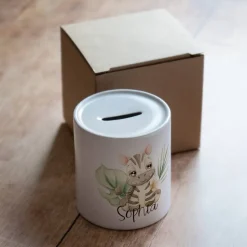 Personalisierte Spardose *Safari Tiere - Zebra* aus Keramik mit Name / Geschenk für Kinder zur Einschulung