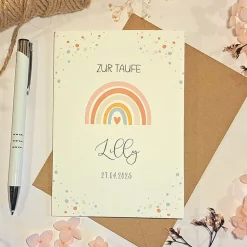 Personalisierte Taufkarte für Mädchen mit Namen & Taufdatum – Regenbogen-Design – Glückwunschkarte zur Taufe