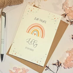 Personalisierte Taufkarte für Mädchen mit Namen & Taufdatum – Regenbogen-Design – Glückwunschkarte zur Taufe