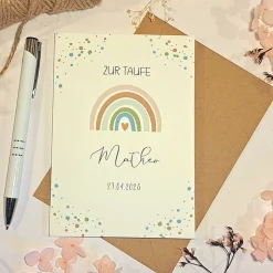 Personalisierte Taufkarte für Mädchen mit Namen & Taufdatum – Regenbogen-Design – Glückwunschkarte zur Taufe