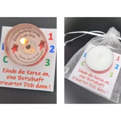 Personalisierte Teelichter als Gastgeschenke zur Einschulung – Danke sagen mit versteckter Botschaft