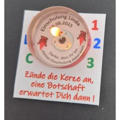 Personalisierte Teelichter als Gastgeschenke zur Einschulung – Danke sagen mit versteckter Botschaft