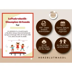 Personalisierte Urkunde für Kindergeburtstag - Trampolin-Thema | Mitgebsel | Selbstausdruck | Digitale Datei | A4 | Mitg