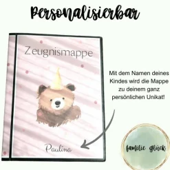 Personalisierte Zeugnismappe mit Name, rosa mit Bärchen, Geschenk Einschulung, Schulkind, Zeugnisordner, Schulstart, Map
