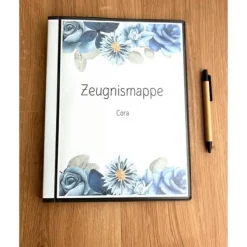 Personalisierte Zeugnismappe mit Name, florales blau, Geschenk Einschulung, Schulkind, Zeugnisordner, Schulstart, Mappe