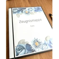 Personalisierte Zeugnismappe mit Name, florales blau, Geschenk Einschulung, Schulkind, Zeugnisordner, Schulstart, Mappe