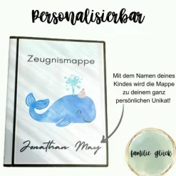 Personalisierte Zeugnismappe mit Name, Design Wal, Geschenk Einschulung, Schulkind, Zeugnisordner, Schulstart, Mappe