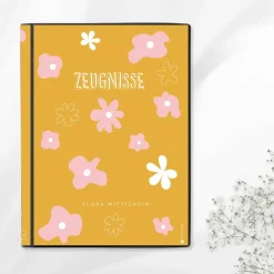 Personalisierte Zeugnismappe "Blumen", Geschenk zur Einschulung, A4 Sichtbuch mit Namen