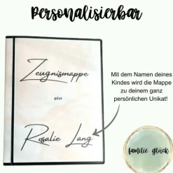 Personalisierte Zeugnismappe mit Name, rosa Marmor, Geschenk Einschulung, Schulkind, Zeugnisordner, Schulstart, Mappe