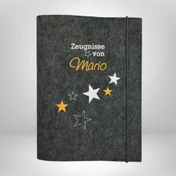 Personalisierte Zeugnismappe aus Filz mit Name & Sternen – Sichtbuch von Leitz – Farbwahl – Geschenk zur Einschulung & Schulabschluss