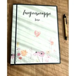 Personalisierte Zeugnismappe mit Name, grün floral, Geschenk Einschulung, Schulkind, Zeugnisordner, Schulstart, Mappe